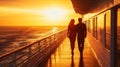 Silhouette of a Couple Walking on a Cruise Ship Deck at Sunset Royalty Free Stock Photo