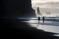 Silhouette of couple walking at Reynisfjara Beach, Iceland, Silhouettes of tourists enjoying the black sand beach and ocean waves