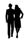 Silhouette of couple walking, wearing retro style clothes, isolated on white background