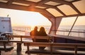 Blurred Senior Couple Watching the Sunrise Together. Elderly man and woman sitting on a bench at sunset on the ferry