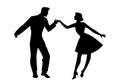 Silhouette of couple wearing retro clothes dancing rock, rockabilly, swing or lindy hop isolated on whihte background Royalty Free Stock Photo