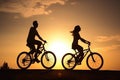 Silhouette of Couple of young man and woman cycling together along the road at sunset time, Generative Ai Royalty Free Stock Photo