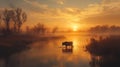Silhouette of a Cow Standing in a Misty River at Sunset Royalty Free Stock Photo