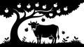 Silhouette of a cow standing under a fruit-bearing apple tree with apples falling creating a charming illustration for design Royalty Free Stock Photo