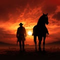 Silhouette of a cowboy and a horse at sunset Royalty Free Stock Photo