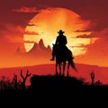 Silhouette of a cowboy and a horse at sunset Royalty Free Stock Photo