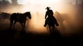 Silhouette of a cowboy and horses at sunset in the Wild, illustration ai generative Royalty Free Stock Photo
