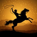 Silhouette of cowboy with lasso on rearing horse Royalty Free Stock Photo