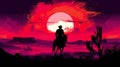 silhouette of cowboy man riding horse at sunset in desert canyon of arizona, in style of orange and red Royalty Free Stock Photo