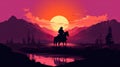 silhouette of cowboy man riding horse at sunset in desert canyon of arizona, in style of orange and red Royalty Free Stock Photo