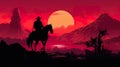 silhouette of cowboy man riding horse at sunset in desert canyon of arizona, in style of orange and red Royalty Free Stock Photo