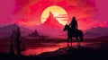 silhouette of cowboy man riding horse at sunset in desert canyon of arizona, in style of orange and red Royalty Free Stock Photo