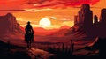 silhouette of cowboy man riding horse at sunset in desert canyon of arizona, in style of orange and red Royalty Free Stock Photo