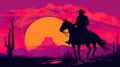 silhouette of cowboy man riding horse at sunset in desert canyon of arizona, in style of orange and red Royalty Free Stock Photo