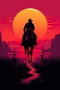 silhouette of cowboy man riding horse at sunset in desert canyon of arizona, in style of orange and red Royalty Free Stock Photo