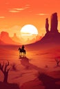 silhouette of cowboy man riding horse at sunset in desert canyon of arizona, in style of orange and red Royalty Free Stock Photo