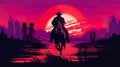 silhouette of cowboy man riding horse at sunset in desert canyon of arizona, in style of orange and red Royalty Free Stock Photo