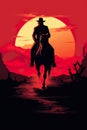 silhouette of cowboy man riding horse at sunset in desert canyon of arizona, in style of orange and red Royalty Free Stock Photo