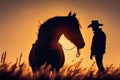 Silhouette of a cowboy near his horse, stand side by side at sunset. AI generated Royalty Free Stock Photo