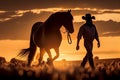 Silhouette of a cowboy near his horse, stand side by side at sunset. AI generated Royalty Free Stock Photo