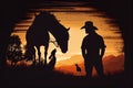 Silhouette of a cowboy near his horse, stand side by side at sunset. AI generated Royalty Free Stock Photo