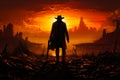 Silhouette of cowboy on sunset. Dark shadow of western person at orange background. Generative AI Royalty Free Stock Photo