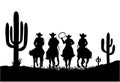 Silhouette cowboys driving horses black silhouette. American Desert with cactuses. Vector wild west silhouette of Arizona Desert