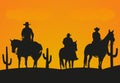 Silhouette of cowboys on horseback at sunset. Cowboy style. Sunset in the wild west Royalty Free Stock Photo