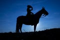 Silhouette cowgirl on horse at sunset in blue 5
