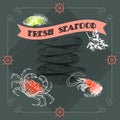 Silhouette crab, shrimp, fish, lemon.