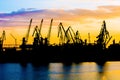 Silhouette of a crane. Cranes at the port. Silhouette of harbor Royalty Free Stock Photo