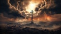 Silhouette of a cross against a background of thunderclouds and light. Calvary. Easter concept. Resurrection of Jesus