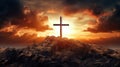 Silhouette of a cross against a background of thunderclouds and light. Calvary. Easter concept. Resurrection of Jesus