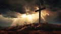 Silhouette of a cross against a background of thunderclouds and light. Calvary. Easter concept. Resurrection of Jesus