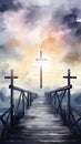 Silhouette of cross against sky at sunset symbolizes bridge between humanity and God in Christian faith, reminding believers of Royalty Free Stock Photo