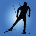 Silhouette cross country skiing on blue background