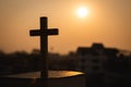 Silhouette of the cross on the holy bible, religion symbol in light and landscape over a sunrise, background, religious, faith Royalty Free Stock Photo