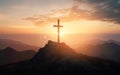 Silhouette cross mountain sunset background. Easter concept. Generative ai Royalty Free Stock Photo