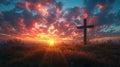 Silhouette of a cross with the rising sun painting the sky in vibrant hues. Easter morning. Wooden cross in a field at Royalty Free Stock Photo