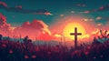 Silhouette of a cross with the rising sun painting the sky in vibrant hues. Easter morning. Wooden cross in a field at Royalty Free Stock Photo
