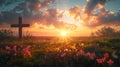 Silhouette of cross with rising sun painting the sky in vibrant hues. Easter morning. Wooden cross in a field at sunrise Royalty Free Stock Photo