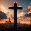 The silhouette cross standing on meadow sunset and flare background. Cross on a hill as the morning sun comes up for the day. The