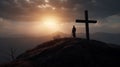Silhouette cross on a top mountain at sunrise. good friday. Generative ai Royalty Free Stock Photo