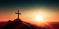 Silhouette of a cross on top of a mountain at sunset. Crucifixion of Jesus christ concept. Generative ai. Christianity background