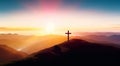 Silhouette of a cross on top of a mountain at sunset. Crucifixion of Jesus christ concept. Generative ai. Christianity background