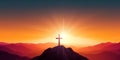 Silhouette of a cross on top of a mountain at sunset. Crucifixion of Jesus christ concept. Generative ai. Christianity background