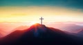 Silhouette of a cross on top of a mountain at sunset. Crucifixion of Jesus christ concept. Generative ai. Christianity background