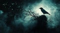 Silhouette of a Crow on a Leafless Tree at Night Royalty Free Stock Photo