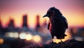 Silhouette of a Crow Perched on a Skyscraper Against the Sunset Skyline. Generative AI