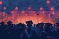 Silhouette of crowd graduate students with graduation caps. Graduation event, illustration Royalty Free Stock Photo
